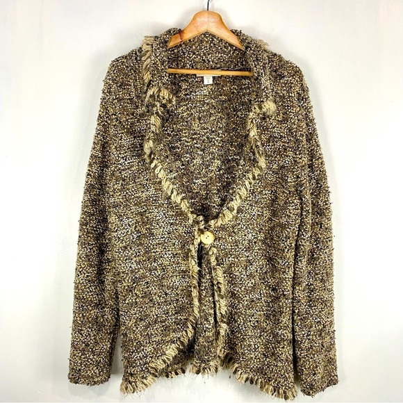 ColdWater Creek Chunky Nubby Knit Wool Fringe Trim Sweater Cardigan Size 1X 18 - Picture 1 of 6